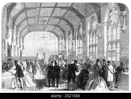 Riunione della British Association a Birmingham: Sala ricevimento, 1865. "Vi presentiamo [una] vista dell'interno della sala ricevimento (la sala dell'assemblea di scambio, New-Street). [L'illustrazione attesta] il successo con cui i comitati di Birmingham hanno organizzato l'alloggio del mondo scientifico riuniti in quella città". Da "Illustrated London News", 1865. Foto Stock