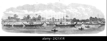 Visita dell'ammiraglio King al Re del Siam a Bangkok: Processione di barche lungo il fiume dal Consolato britannico, 1865. Incisione di uno schizzo del signor R. Campbell Bates, un ufficiale della Principessa reale, che mostra "...la processione delle chiatte reali...al luogo di sbarco reale...il re regnante del Siam...tiene la sua corte in città o a Bangkok, e il suo nome non è meno di Phra Bard Somdetch Phra ParAmendr Maha Mongkut Phra Chom Klau Chau tu Hua... il commercio del Siam, in particolare l'esportazione di riso in Cina, e quello del legno di teak per la costruzione navale, è diventato molto importante dal trattato del 1855 Foto Stock