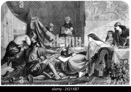 "Esther's Banquet", di E. Armitage, dalla Liverpool Exhibition of fine Arts, 1865. Incisione di un dipinto. "Ester [era] una delle fanciulle selezionate per la loro bellezza da sottomettere al re affinché potesse scegliere un successore della regina disobbediente e disonorata... al banchetto Ester supplica per la sua vita e quella del suo popolo; scopre al re il disegno del malvagio Haman... sulla regina che proclamava il tradimento assassino di Haman, si verifica il seguente passaggio (Ester vii. 7, 8), che diamo, essendo stato citato dal signor Armitage, nell'Academy catal Foto Stock