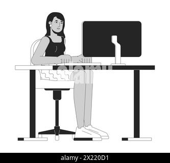Giovane donna seduta al computer in bianco e nero personaggio dei cartoni animati 2D. Illustrazione Vettoriale