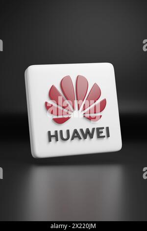 Buenos Aires, Argentina; 5 aprile 2024: Logo Huawei in tre dimensioni su sfondo nero. illustrazione 3d. Foto Stock