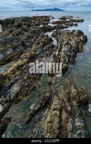 Pukerua Bay e Kapiti Island, Porirua, Wellington Region, Kapiti Coast, NorthIsland, Nuova Zelanda Foto Stock