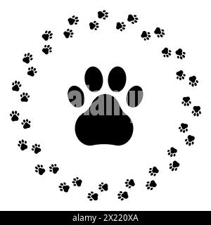 Cornice di stampa PAW circolare. Bordo nero dei passi del cucciolo. Le tracce degli animali circolano. Elemento di design decorativo. Illustrazione vettoriale. Illustrazione Vettoriale