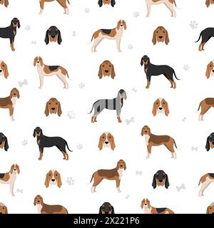 Motivo Virginia Foxhound senza cuciture nero e marrone. Diversi colori di rivestimento e pose. Illustrazione vettoriale Illustrazione Vettoriale