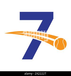Logo da tennis sulla lettera 7 con simbolo della palla da tennis in movimento. Insegna da tennis Illustrazione Vettoriale