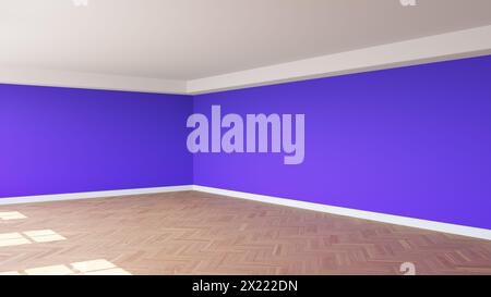 Angolo della Sunny Room con pareti viola, soffitto bianco e Cornice, pavimento in parquet a spina di pesce lucido e White Plinth. Interni non arredati. Rendering 3D, 8K Ultra HD, 7680x4320 Foto Stock