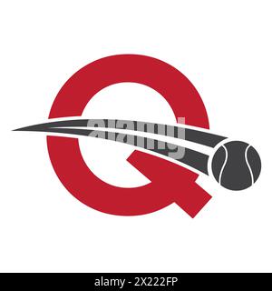 Logo da tennis sulla lettera Q con simbolo della palla da tennis in movimento. Insegna da tennis Illustrazione Vettoriale