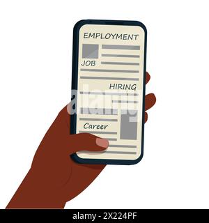 Smartphone afro-americano con supporto per la mano con impiego, app per la ricerca di lavoro, pagina Web isolata su sfondo bianco immagine vettoriale. Illustrazione vettoriale Illustrazione Vettoriale