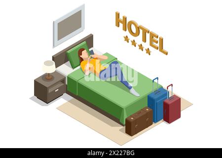 Suite Isometric Modern con camera da letto nell'hotel. Check-in in hotel e riposo nelle loro camere. Godetevi le vacanze e le vacanze. Applicazione mobile, Hotel Illustrazione Vettoriale