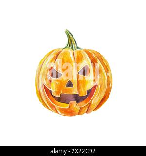 Zucca di Halloween, acquerello. Jack Lantern. Illustrazione disegnata a mano in stile vintage isolata su sfondo bianco. Per biglietti, inviti, banner, c Foto Stock