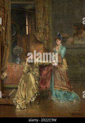 La visita, c1870. Una donna che indossa un lussuoso abito si siede su un divano in velluto e si appoggia su un mahlstick, un attrezzo utilizzato dai pittori per tenere la mano. Il suo visitatore, che indossa ancora un cappello e uno scialle, esamina il dipinto sul cavalletto. Intorno a loro ci sono fan giapponesi, ceramiche, schermi e scatole laccate che erano considerati molto alla moda tra le classi superiori della Francia del XIX secolo. Foto Stock