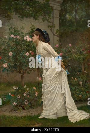 Donna e rose, 1879 anni. Una giovane donna con un abito bianco immacolato si è messa in pausa, mentre passeggiava attraverso un giardino ben curato, per godersi il profumo di un gruppo di rose rosa. La vegetazione strisciante si aggrappa al muro dietro di lei, e uno scorcio di paesaggi meno coltivati può essere visto oltre i tralicci di legno sulla destra. Il dipinto disegna un parallelo tra la freschezza giovanile di questa donna vestita alla moda e i fiori in fiore intorno a lei. Foto Stock