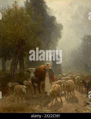 Andare al mercato in Una mattinata di Misty, 1851. Una pastore emerge dalla nebbia mattutina, guidando una mucca e un gregge di pecore indisciplinate lungo una strada di campagna. Dietro di lei, un uomo a cavallo, che si staglia contro la luce, è ostacolato nel suo progresso. Foto Stock