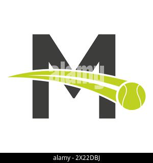 Logo da tennis sulla lettera M con simbolo della palla da tennis in movimento. Insegna da tennis Illustrazione Vettoriale