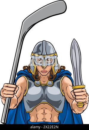 Viking Warrior Woman Ice Hockey Sports Team Mascot Illustrazione Vettoriale
