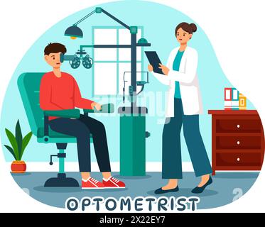 Illustrazione del vettore optometrista con controlli oftalmologici vista del paziente, test ottico dell'occhio e tecnologia degli occhiali su sfondo piatto del cartone animato Illustrazione Vettoriale