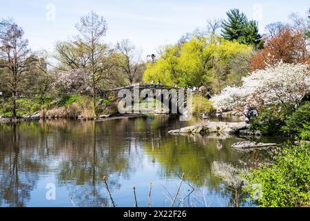 Il ponte di Gapstow e il laghetto sono un'attrazione turistica durante la stagione primaverile, 2024, New York City, Central Park, Stati Uniti Foto Stock