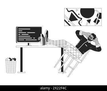 Sviluppatore di software che si trova sul luogo di lavoro personaggio dei cartoni animati 2D in bianco e nero. Illustrazione Vettoriale