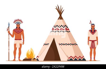 Nativi americani in abiti etnici tradizionali con piume in testa in piedi vicino a tipi o wigwam. Gli indiani americani si sposano in tradizionale Illustrazione Vettoriale