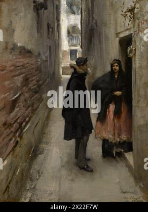 A Street in Venice, c1880-82. Questo vicolo stretto, con le sue pareti in gesso sbucciate e uno scoppio di luce all'estremità opposta, ci porta in una situazione ambigua. Una donna oltrepassa la soglia di una cantina, guardandoci come se ci fossimo intromessi in un incontro privato. L'uomo di fronte a lei sembra ignaro di essere osservato. Foto Stock