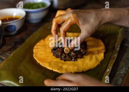 Primo piano di mani che preparano l'hallaca o il tamale. Concetto di cucina tradizionale Foto Stock