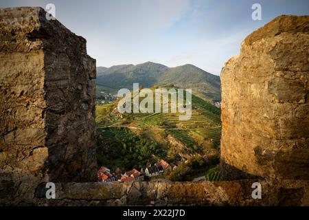 Vista dalle rovine del castello di Hinterhaus alla montagna Thousand Bucket, sito patrimonio dell'umanità dell'UNESCO "paesaggio culturale Wachau", Spitz an der Foto Stock