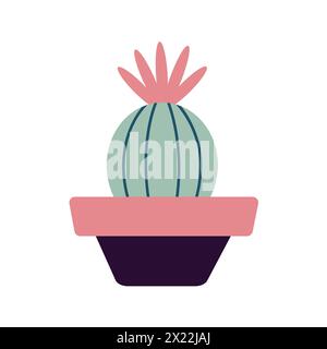 Coloratissimi cactus in fiore, succulenti in vaso. Grazioso schizzo di cactus disegnato a mano. Stile doodle, design piatto. Scandinavo, stile boho. Illustrazione vettoriale. Illustrazione Vettoriale