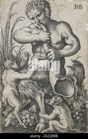 Satyr suona un clacson, 1531-1550. I satiri sono creature mitiche, metà uomo, metà capra, pronte per qualsiasi piacere fisico, specialmente se si riferisce al vino, alle donne (bacchantes e ninfe) e, qui, al canto. Il corno grezzo e naturale con un foro conico (al contrario del dritto), ovviamente il corno di un animale, è l'antenato del moderno corno francese. Foto Stock