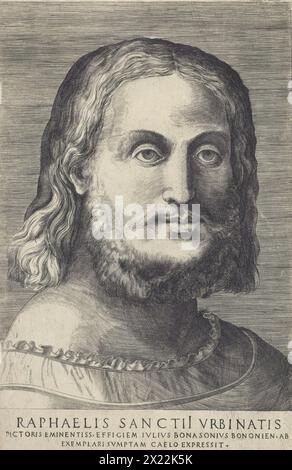 Ritratto di Raffaello, (c1518). Il pittore di fama mondiale Raffaello fu dotato di un aspetto bello e di un grande fascino personale oltre ai suoi prodigiosi talenti artistici, e alla fine divenne così popolare che fu chiamato "il principe dei pittori". Questa stampa, che alcune autorità datano al 1518, mostra Raffaello ben trent'anni (notoriamente e tragicamente, morì il suo 37° compleanno). Foto Stock