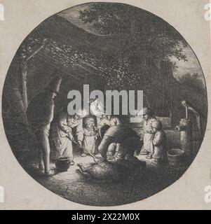 Gli assassini di maiali, c.1652. Una famiglia contadina si riunisce per assistere al massacro di un maiale, che presumibilmente darà da mangiare alla grande famiglia durante i lunghi mesi invernali che ci attendono. Mentre il figlio maggiore si inginocchia sull'animale, la moglie del contadino&#x2019;raccoglie il sangue nella sua padella a manica lunga e i suoi figli piccoli lo guardano con avida curiosità. Foto Stock