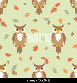 Ripetizione continua vettoriale. Gufo e ghiande. Autunno. Illustrazione Vettoriale