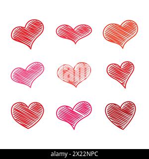 Set di nove cuori di scarabocchi rossi. Simbolo dell'amore. Illustrazione vettoriale. Illustrazione Vettoriale