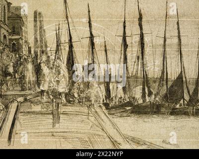 Billingsgate, 1859 anni. Una delle 16 stampe "Thames Set”, una composizione incredibilmente astratta dominata da pescherecci ormeggiati, e la prua di una chiatta a sinistra. Per molti secoli Billingsgate fu il molo principale per l'ormeggio dei pescherecci e lo sbarco dei loro carichi. Mais, malto, sale e pesce furono sbarcati già nel XIII secolo. Il mercato locale era particolarmente famoso per il pesce, così come per la cattiva lingua usata da alcuni pescivendoli. Il London Bridge e la torre della cattedrale di Southwark sono visibili sullo sfondo sulla destra. Foto Stock