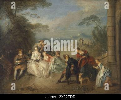 Concerto Champetre, 1734. Una giornata di svago tra le classi urbane di alto rango sociale alla periferia di una città. Pater ha organizzato il suo concerto in due gruppi chiaramente definiti che occupano piani pittorici successivi e formano una diagonale che conduce l'occhio in un paesaggio nebbioso sullo sfondo. Il gruppo principale a sinistra è organizzato intorno ad una coppia, di cui l'uomo suona la chitarra mentre la donna indica una pagina della partitura musicale che lei detiene, presumibilmente suggerendo un pezzo per lui da suonare. Le altre figure intorno a loro sono raggruppate in coppie, chiacchierando e commentando la sce Foto Stock