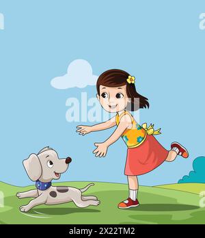 Ragazza carina che corre dietro il suo cane e sorride illustrazione vettoriale Illustrazione Vettoriale
