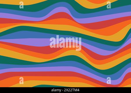 Sfondo astratto retrò in colori arcobaleno. Design colorato e sinuoso in stile anni '70-'80. Schema ondulato psichedelico. Illustrazione Vettoriale
