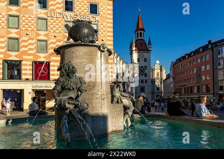 Fontana del pesce a Marienplatz, grande magazzino Ludwig Beck e Municipio Vecchio a Monaco, Baviera, Germania Foto Stock