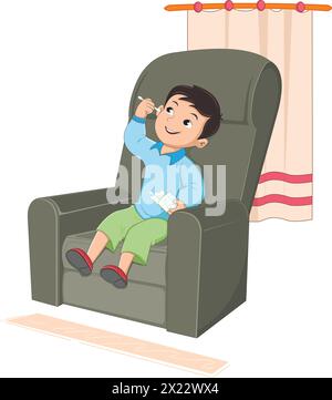 Un bambino cattivo vettoriale seduto sul divano e mettendo una matita nelle orecchie illustrazione vettoriale Illustrazione Vettoriale