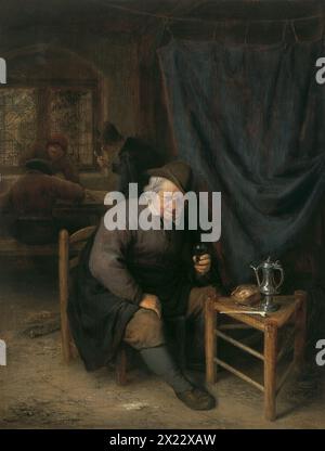 Tavern Interior, 1661. In questa taverna Van Ostade ha raffigurato alcune delle attività ricreative delle classi sociali più umili come giochi da tavolo, bere e fumare. Il tabellone di backgammon sul tavolo sullo sfondo è il centro di interesse delle tre figure nella finestra, insieme al loro tabacco e bevanda, mentre la figura seduta in primo piano è raffigurata anche fumare. Foto Stock