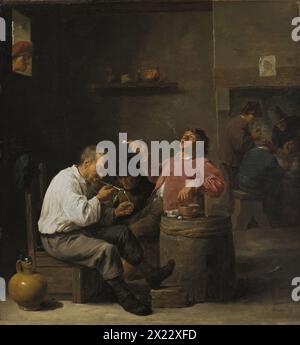 Fumatori all'interno, 1637. Tre uomini in un interno seduti intorno a un barile che funge da tavolo temporaneo. La figura seduta a sinistra, appoggiando uno dei suoi piedi su uno sgabello per un maggiore comfort, illumina il suo tubo. Il secondo, a destra, si piega indietro con un gesto che suggerisce che sta assaporando il fumo che ha appena inalato dal suo tubo, alcuni dei quali sono ancora in bocca mentre il resto si sta sottilmente disperdendo nell'aria intorno a lui. Il terzo uomo si trova quasi davanti, concentrandosi con grande intensità sull'oggetto che sta tenendo. Foto Stock