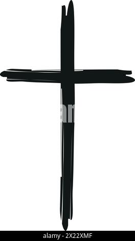 Icona a croce grunge nera disegnata a mano, semplice segno a croce cristiana, croce dipinta a mano, pennelli a croce. Sfondo pasquale... Illustrazione Vettoriale