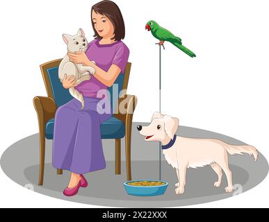 Illustrazione vettoriale che mostra una donna che ha diversi animali da compagnia cane, pappagallo e gatto Illustrazione Vettoriale