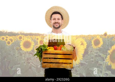 Doppia esposizione di contadini felici e campi di girasole Foto Stock