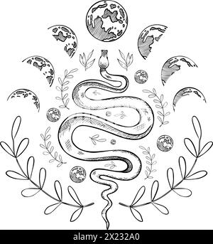 Illustrazione vettoriale dei simboli dei serpenti e magici. Disegno di serpente e segno esoterico su sfondo isolato dipinto da inchiostri neri in stile contorno per tatuaggi. Composizione magica celeste per le stampe. Illustrazione Vettoriale
