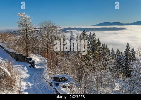 Vista dalle rovine del castello di Eisenberg verso Fuessen, Allgaeu, Svevia, Baviera, Germania, Pfronten, Baviera, Germania Foto Stock