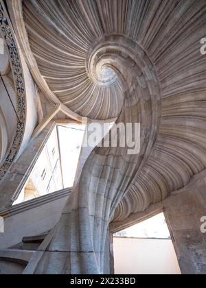 Scala a chiocciola non supportata nella torre della scala Grosser Wendelstein, castello di Hartenfels, Torgau, Sassonia, Germania Foto Stock