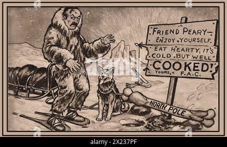 Una vecchia immagine di cartone animato che mostra Robert Edwin Peary Sr. (1856-1920), che è stato controverso accreditato per essere stato il primo esploratore a raggiungere il Polo Nord. Frederick Albert Cook (1865-1940) affermò di aver raggiunto il palo prima di lui, da cui la nota nel cartone animato, firmata F A C) Foto Stock