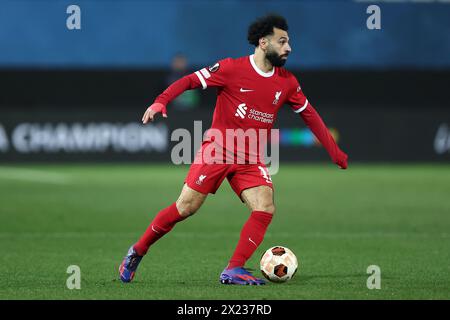 Mohamed Salah del Liverpool FC in azione durante i quarti di finale di UEFA Europa League contro l'Atalanta BC e il Liverpool FC allo stadio Gewiss il 18 aprile 2024 a Bergamo. Foto Stock