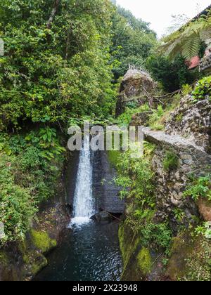 Cascata sul sentiero escursionistico PR10 Levada do Furado lungo il canale di irrigazione dell'acqua. Una delle levadas più antiche e popolari. Ribeiro Frio a Portela, fatto Foto Stock