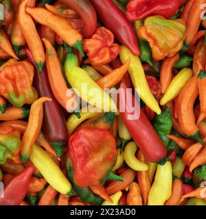 Peperoncino verdure sano e piccante, cibo fresco di sottofondo. Il giardinaggio locale produce un'abbondante colorata composizione naturale del raccolto biologico. Foto Stock